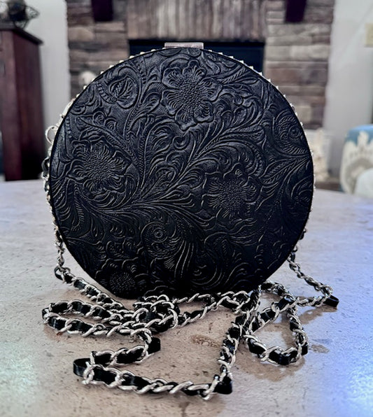 Round Faux Tooled Leather Black Beauty